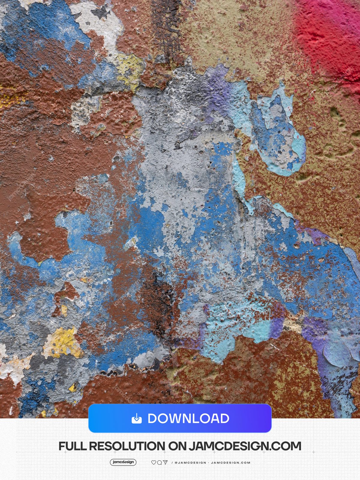Layered Peeling Paint Wall Texture PNG. Download this PNG wall texture with peeling, layered paint in rust brown, blue, grey and muted red — Additional preview