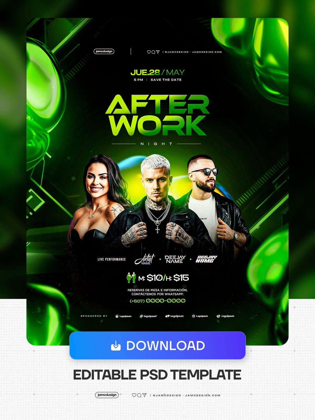 Plantilla De Flyer After Work PSD Editable. Plantilla de flyer PSD editable para un evento de noche after work, con composición oscura — Vista previa adicional