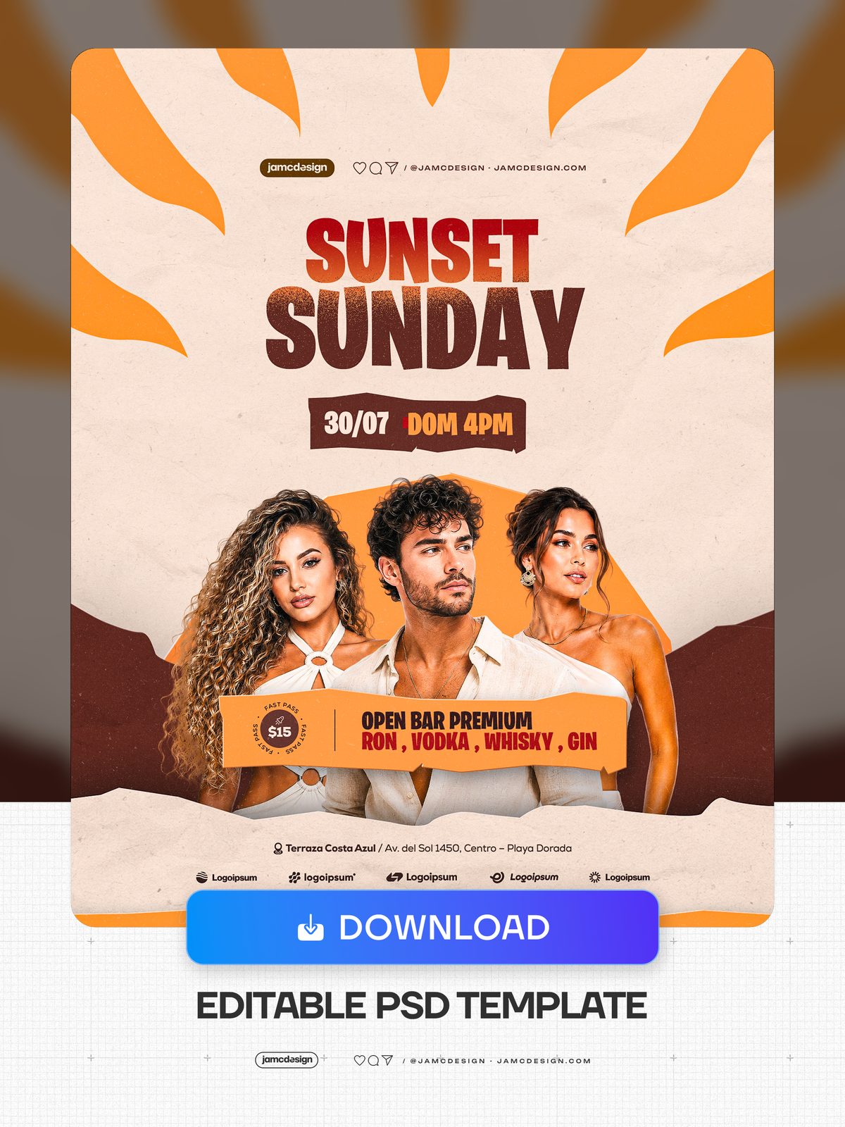 Modelo PSD De Flyer De Festa De Domingo Ao Pôr Do Sol. Modelo PSD editável para um flyer de mídia social de festa de domingo — Prévia adicional