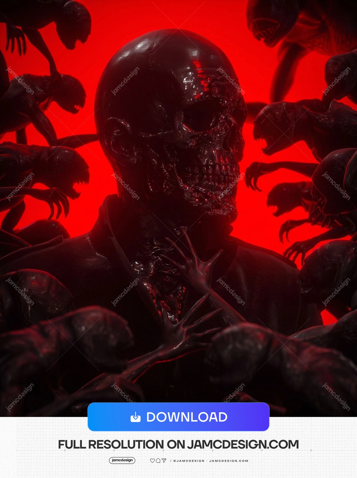 Red Horror Creatures Halloween Shadowy Figures Artwork. JPG background featuring a central glossy skull faced creature surrounded by shadowy clawed — Additional preview