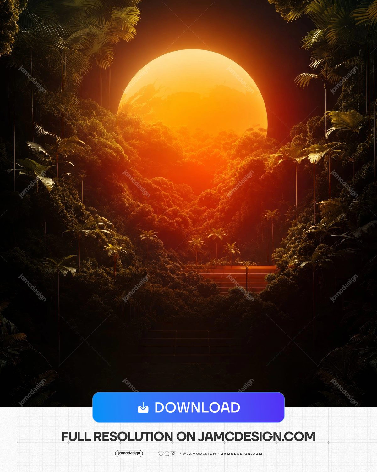 Tropical Jungle Sunset With Giant Glowing Sun Background. Glowing orange sun dominates a dark jungle backdrop — Additional preview
