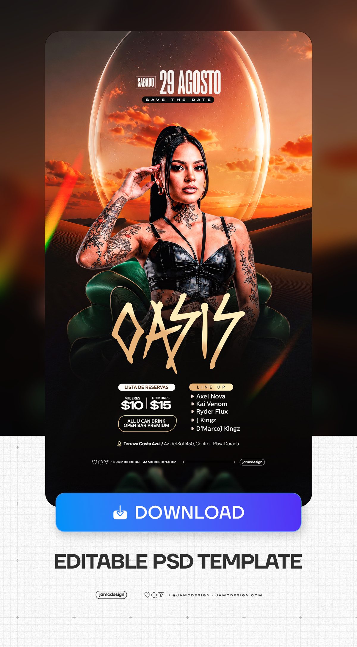 Plantilla De Flyer Diseño Oasis Historia PSD Editable. Plantilla de PSD editable para un flyer de evento nocturno con temática Oasis — Vista previa adicional