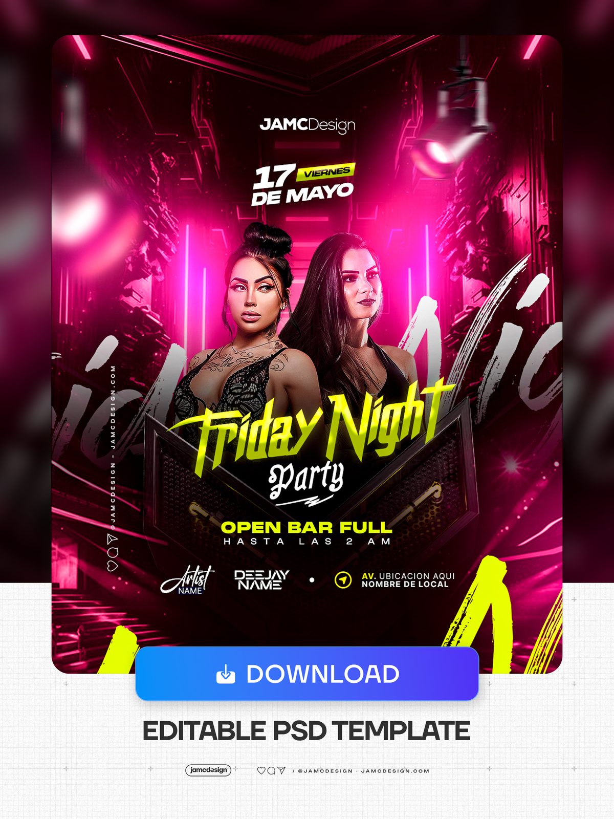 Friday Night Flyer Template PSD. Editable PSD template for a Friday Night party flyer featuring two woman portraits — Additional preview