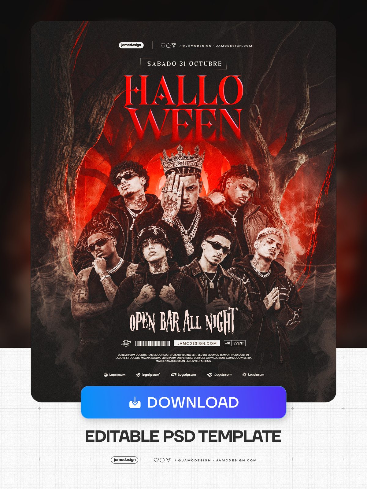 Modelo De Flyer De Halloween Em Floresta Sombria PSD. Flyer de evento em PSD editável com estilo sombrio de terror, brilho vermelho — Prévia adicional