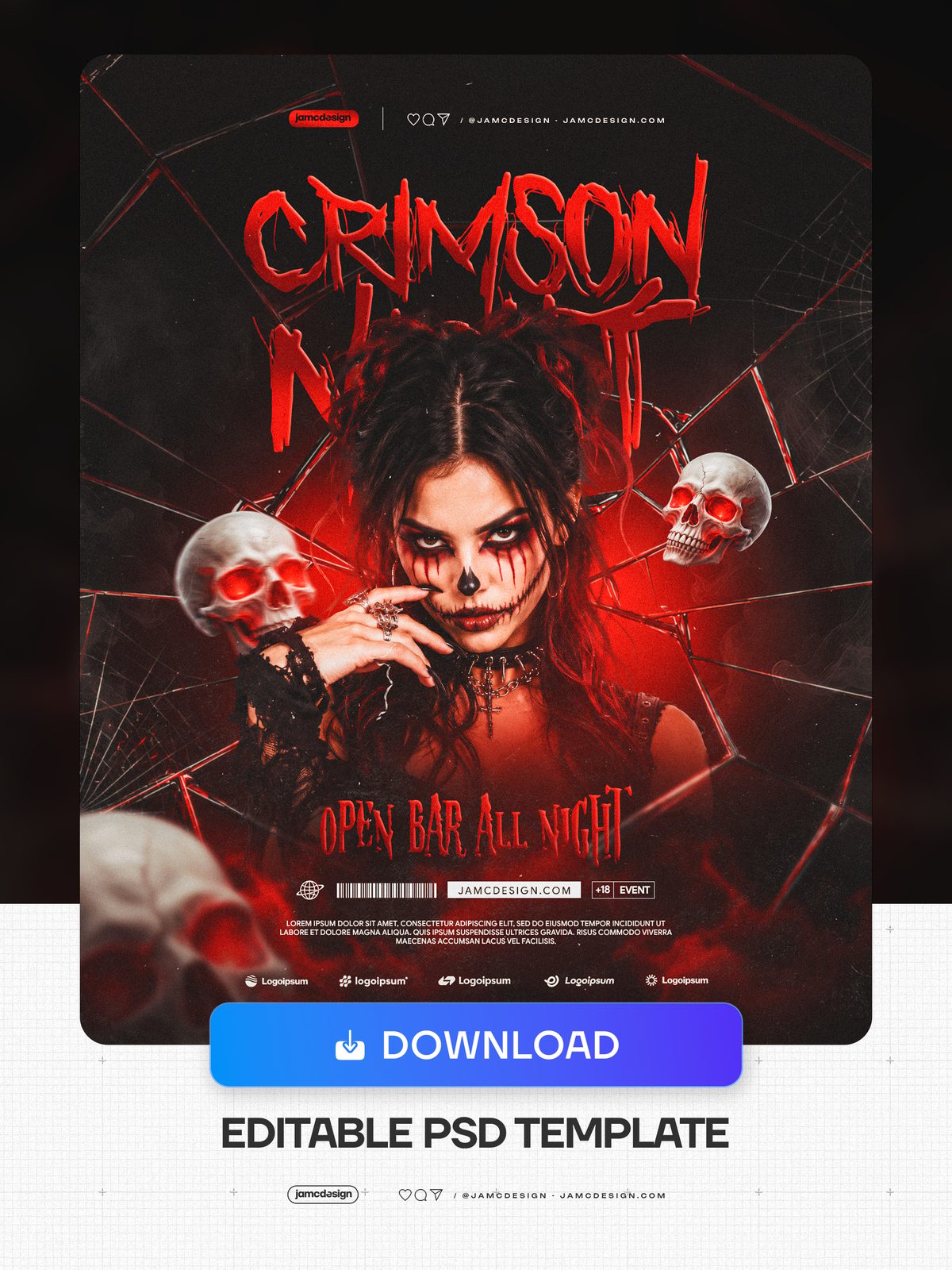 Halloween Party Flyer Template With Skulls PSD. This editable PSD Halloween event flyer features a woman with dramatic makeup, skulls — Additional preview
