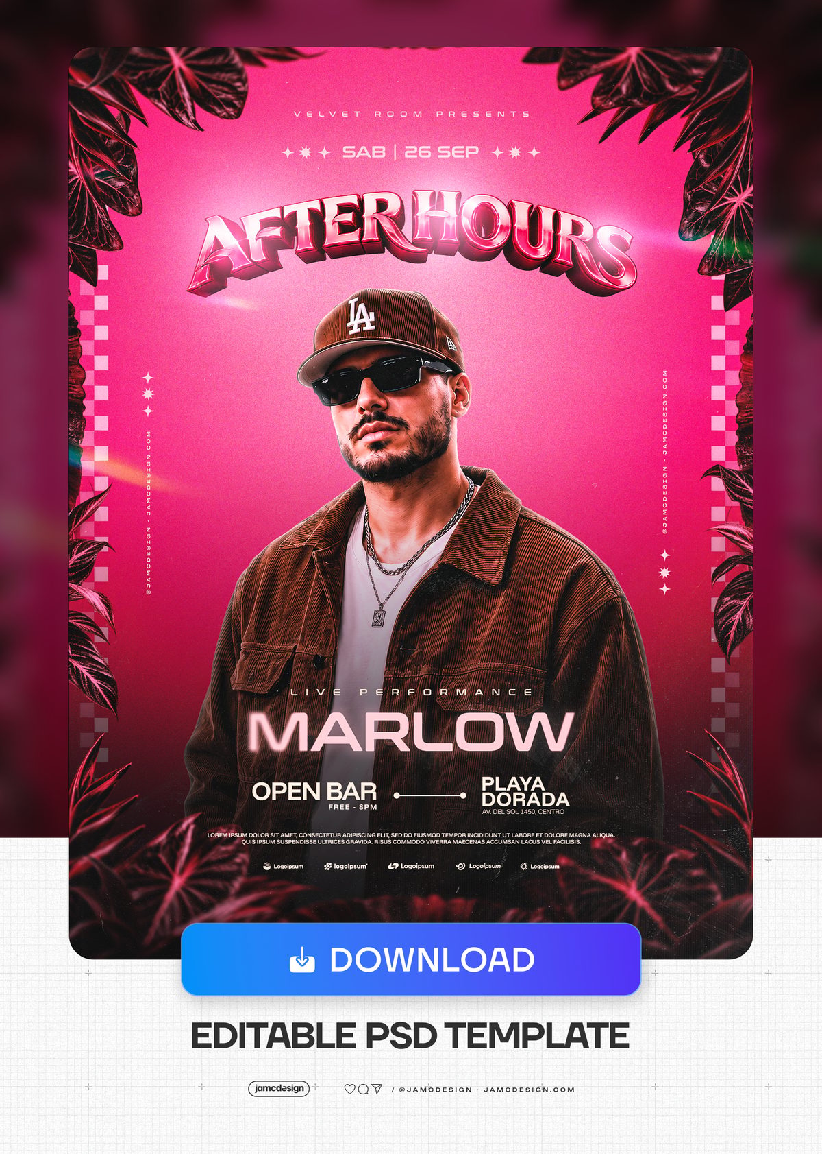 After Hours Nightlife Event Flyer Template PSD. Editable PSD event flyer template for a nightlife performance, featuring a male performer, vivid pink glow — Additional preview