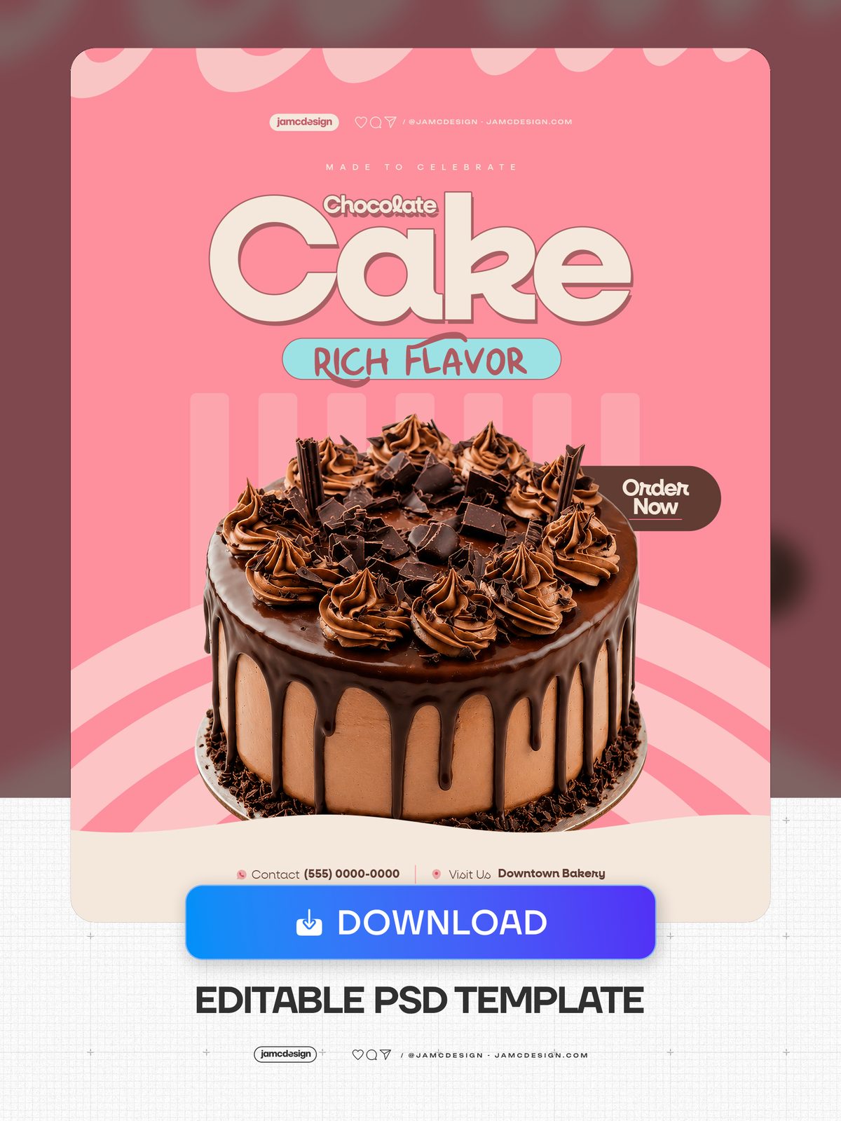 Modèle De Flyer Boutique De Gâteau Au Chocolat PSD Modifiable. Modèle PSD modifiable pour un flyer de réseau social pour une boutique de gâteau au chocolat — Aperçu supplémentaire