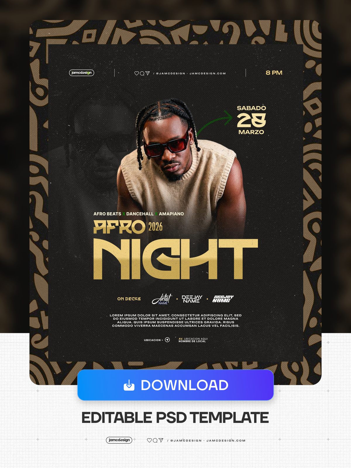 Afro Night Flyer Template PSD Editable. Editable PSD template for an Afro night event flyer with a dark composition — Additional preview