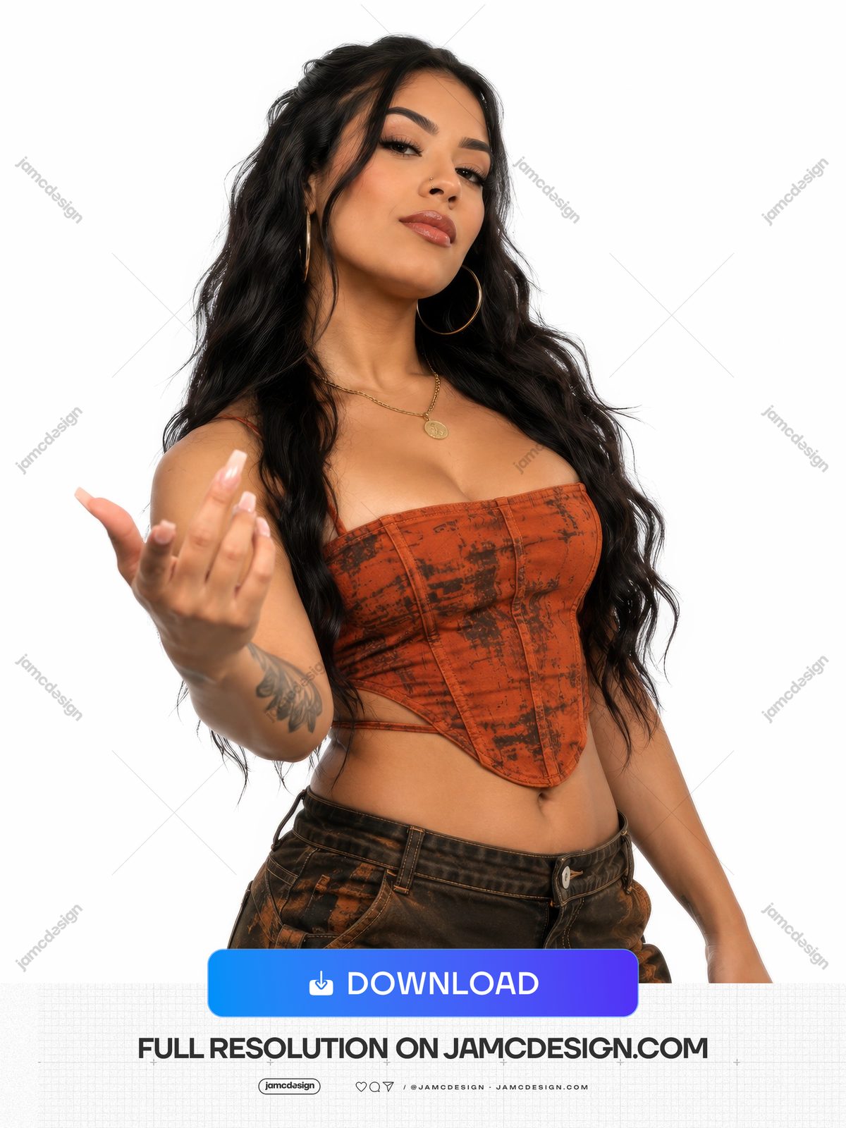 Woman In Rust Corset And Cargo Pants PNG. This PNG fashion photo shows a brunette model with long dark hair — Additional preview