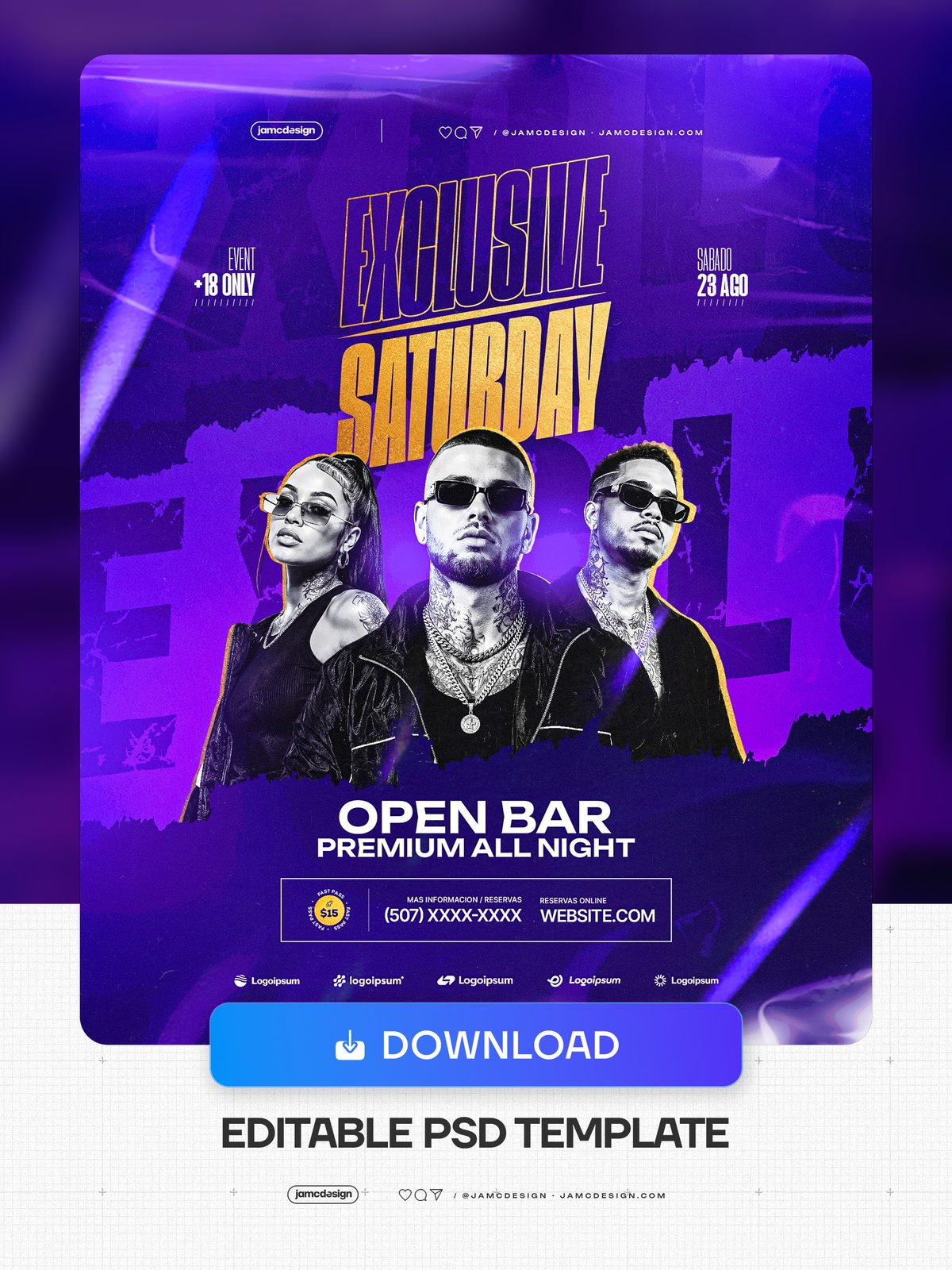 Modelo PSD De Flyer Para Evento Noturno De Sábado. Modelo de PSD editável para um flyer de evento noturno de sábado, com uma composição violeta e escura — Prévia adicional