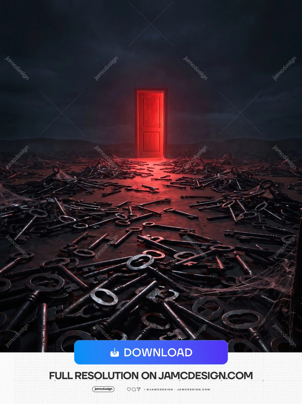 Red Door And Antique Keys Surreal Shadowy Crimson Field Background. Surreal JPG background showing a glowing red door beyond a dark field covered — Additional preview