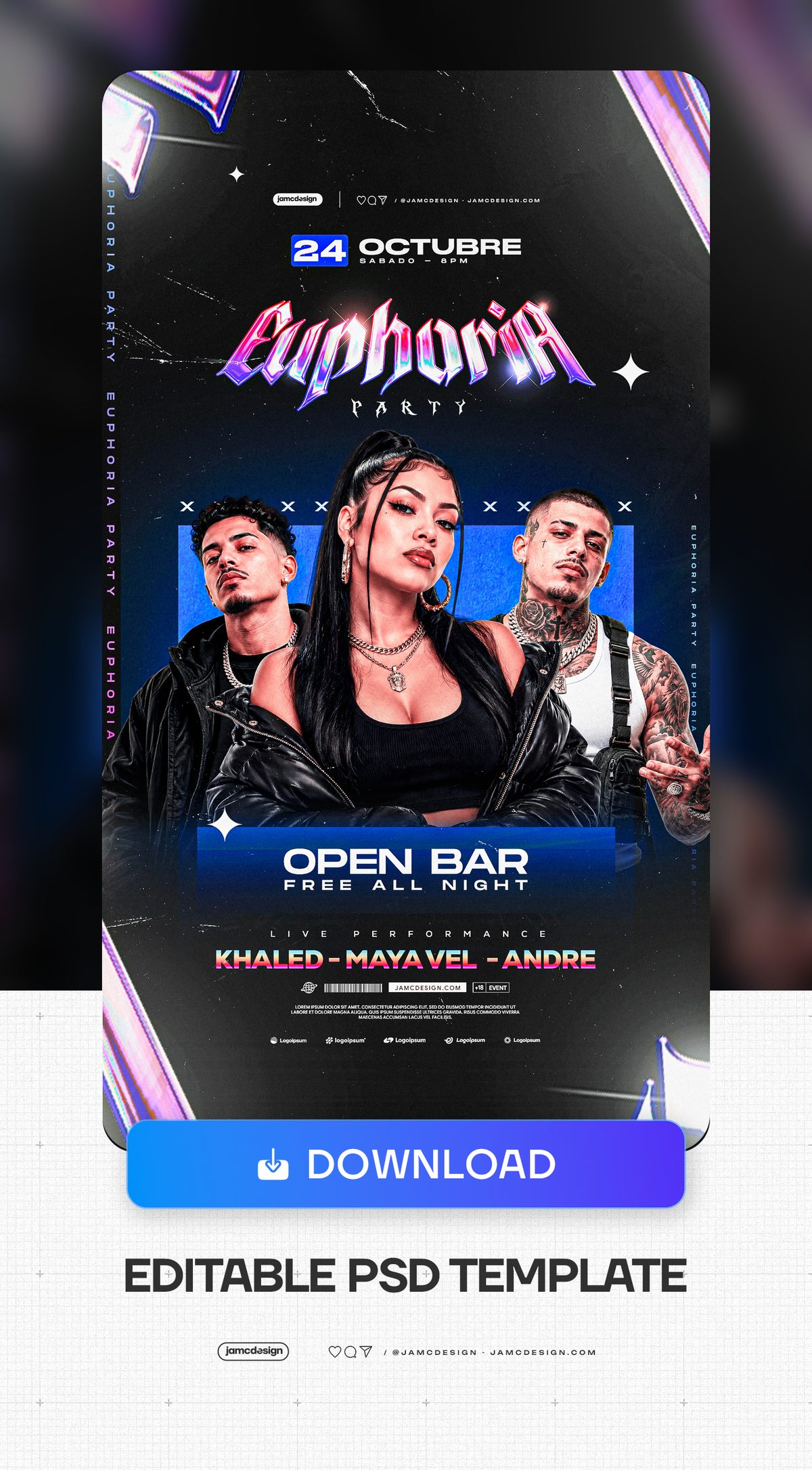 Euphoria Nightlife Event Flyer Template PSD. Download this editable PSD event flyer featuring three models, a central woman flanked by two men — Additional preview