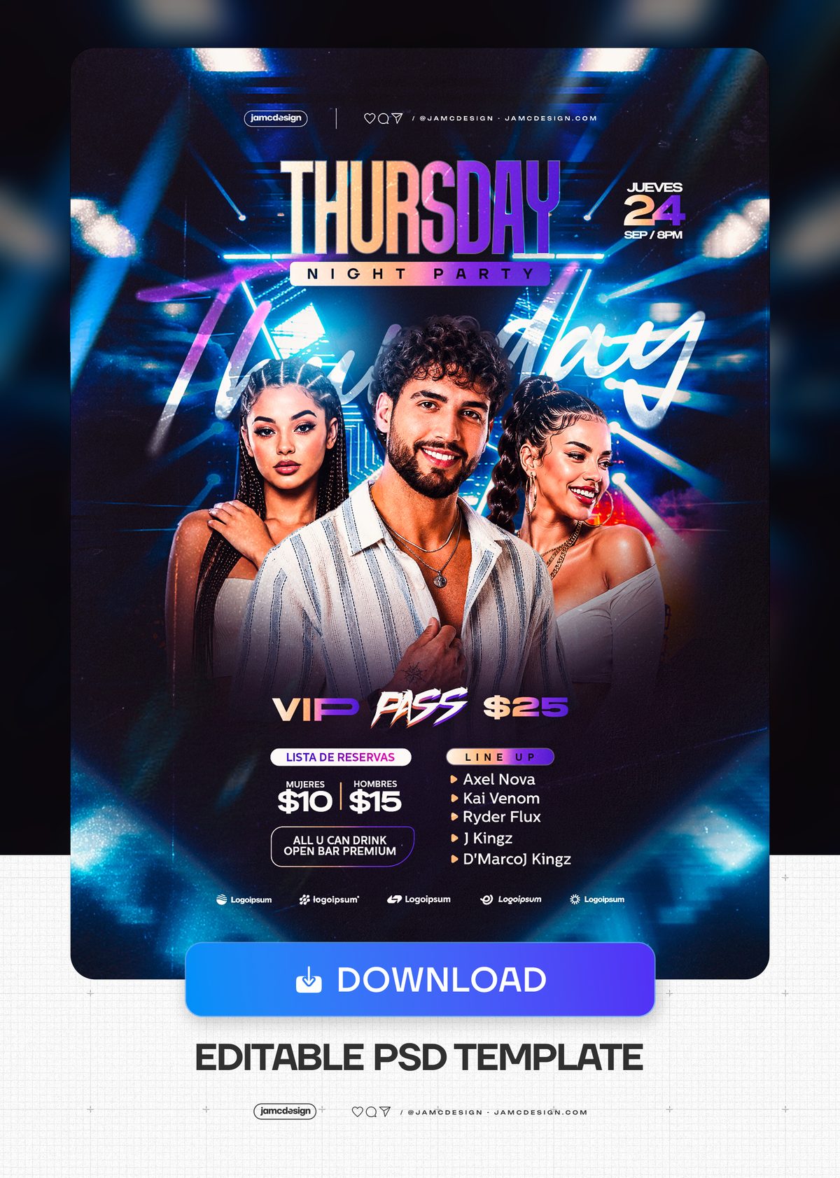 Thursday Night Neon Performer Trio Flyer PSD Template. Editable PSD event flyer template for a Thursday night party — Additional preview