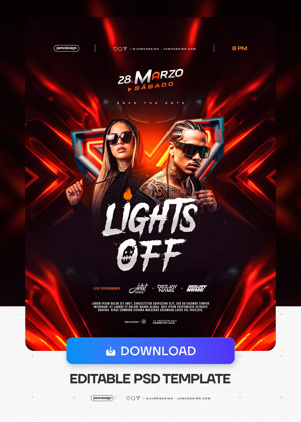 Lights Off Party Flyer Template PSD Editable. Editable PSD template for a nightclub event flyer with a dark composition, red lighting beams — Additional preview