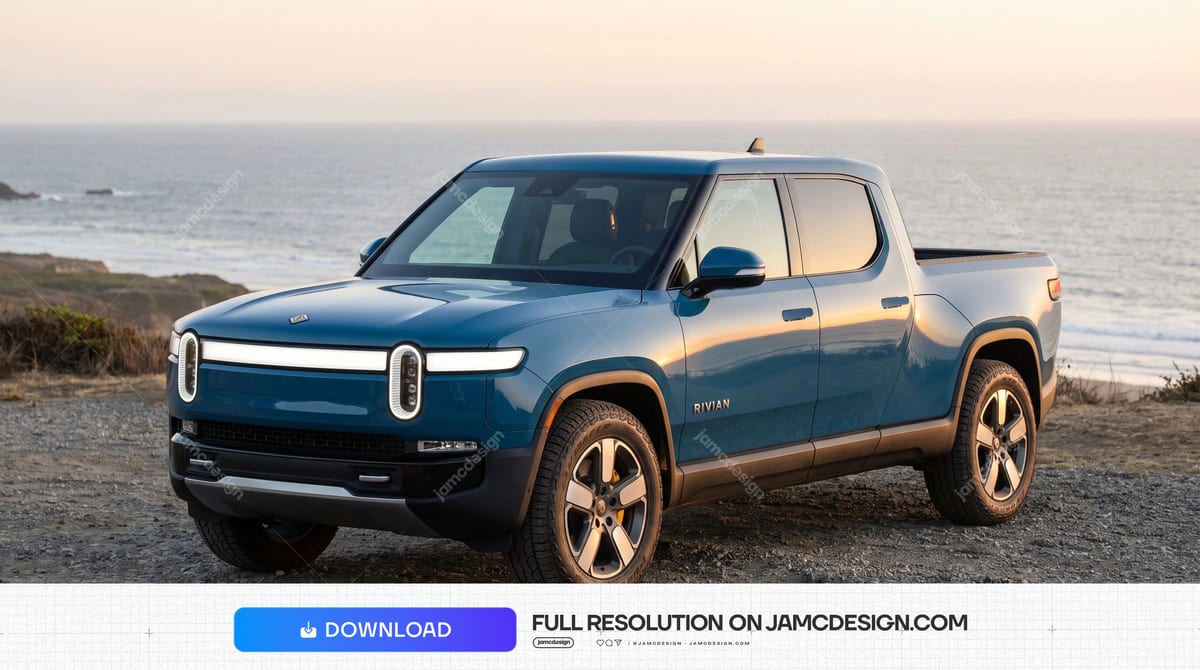 Blue Rivian R1T Pickup At Coastal Sunset. A JPG photo captures a blue pickup truck parked on a rocky shore beside the ocean at sunset — Additional preview