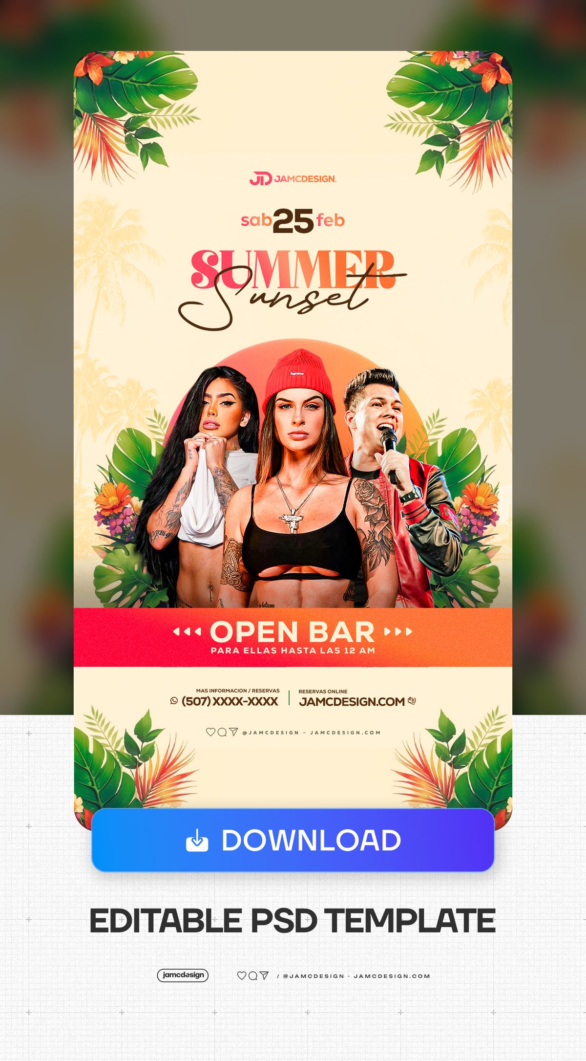Story Summer Sunset Flyer Template PSD. Editable PSD template for a warm sunset-themed social media flyer with an orange and red palette — Additional preview