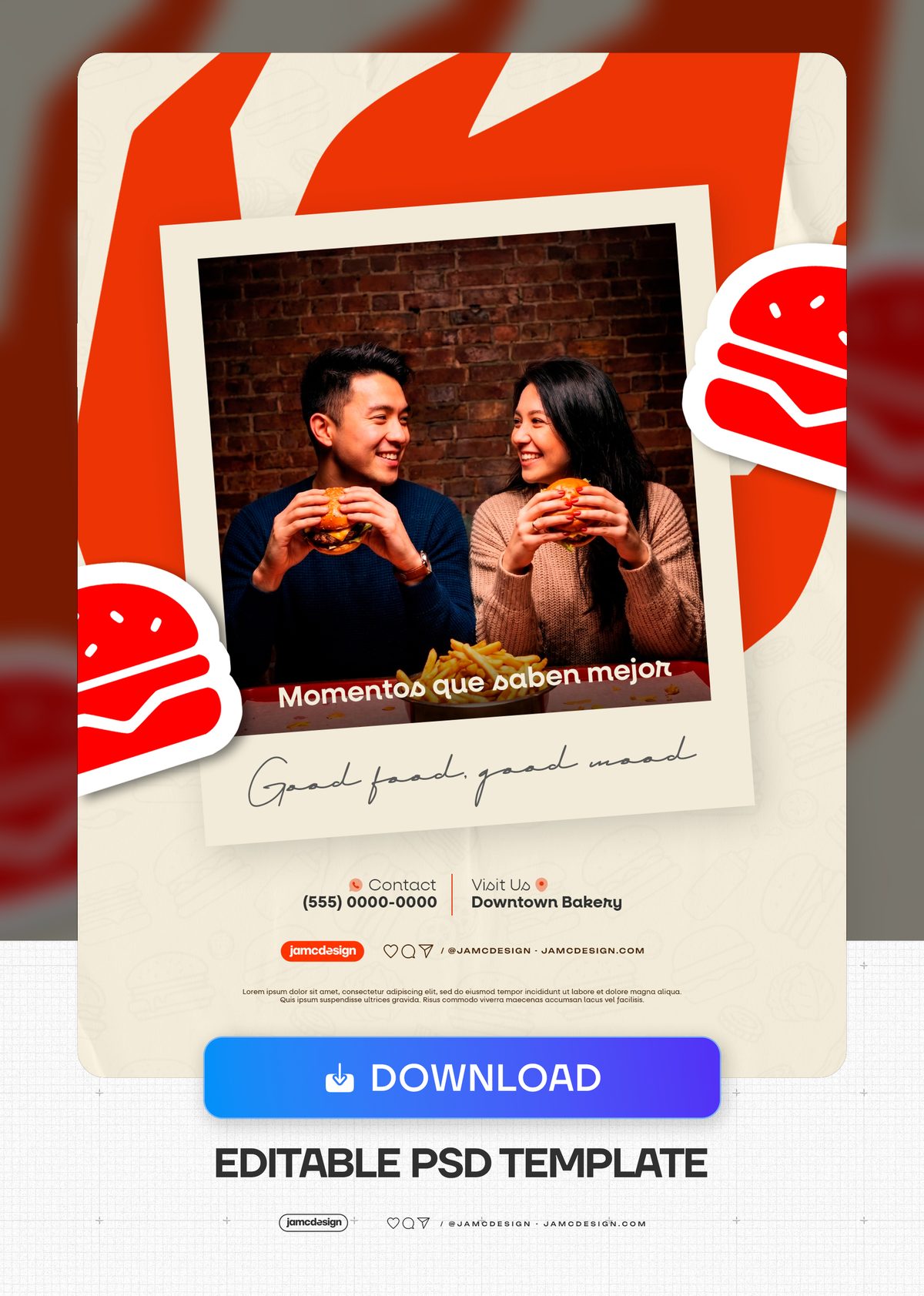 Plantilla De Flyer De Pareja Comiendo Hamburguesas PSD. Plantilla PSD editable para redes sociales de una promoción de hamburguesas — Vista previa adicional