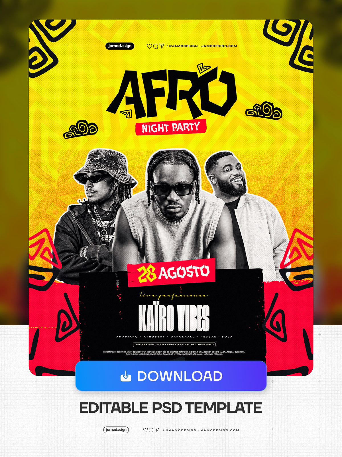Modelo De Flyer Festa Afro Noite PSD Editável. Modelo PSD editável para um flyer de festa Afrobeat com uma composição em amarelo brilhante e vermelho — Prévia adicional