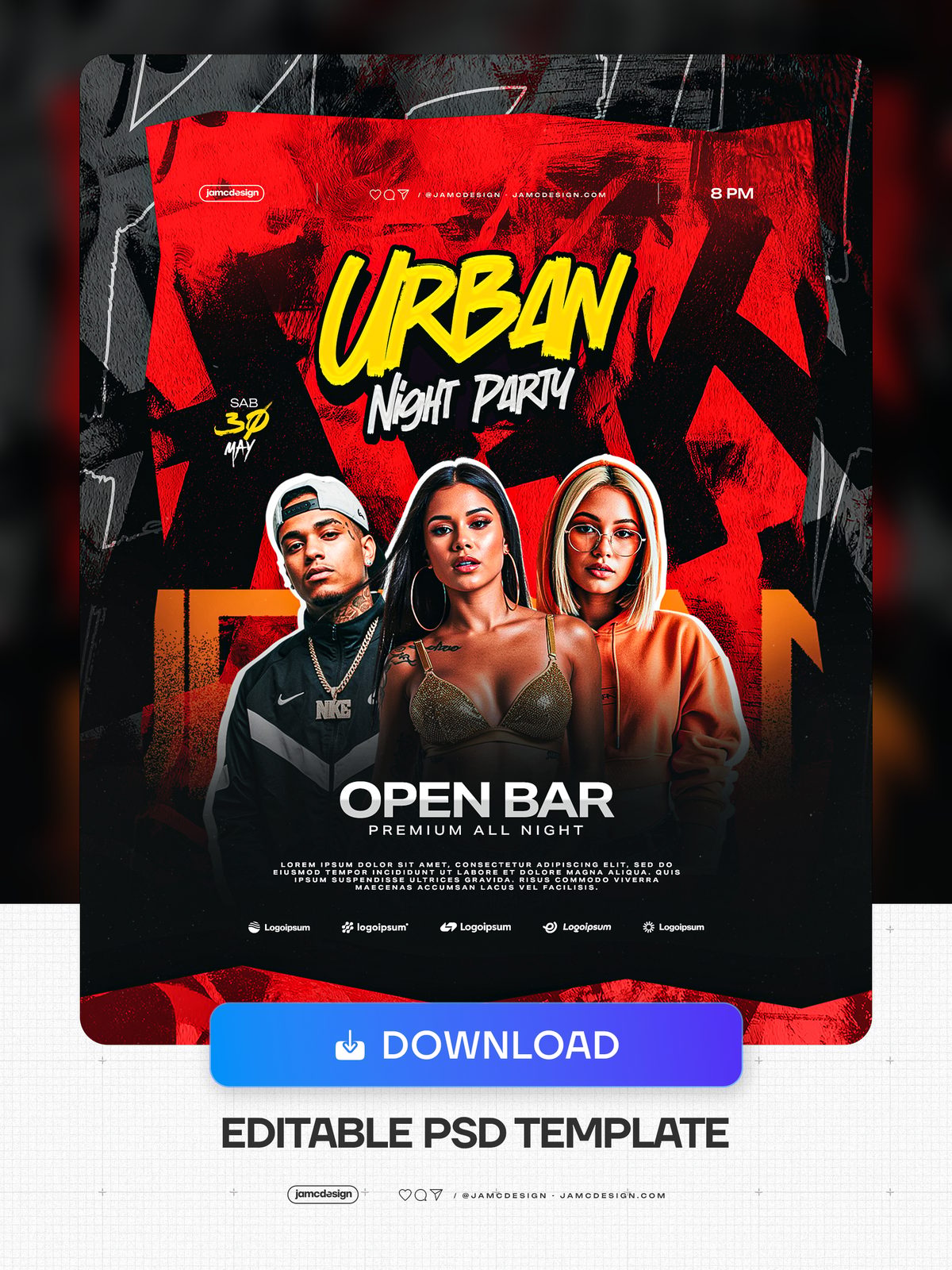 Urban Night Party Flyer PSD Template. Editable PSD template for an urban party flyer, with bold red and black graffiti-style brushwork, yellow brush lettering — Additional preview