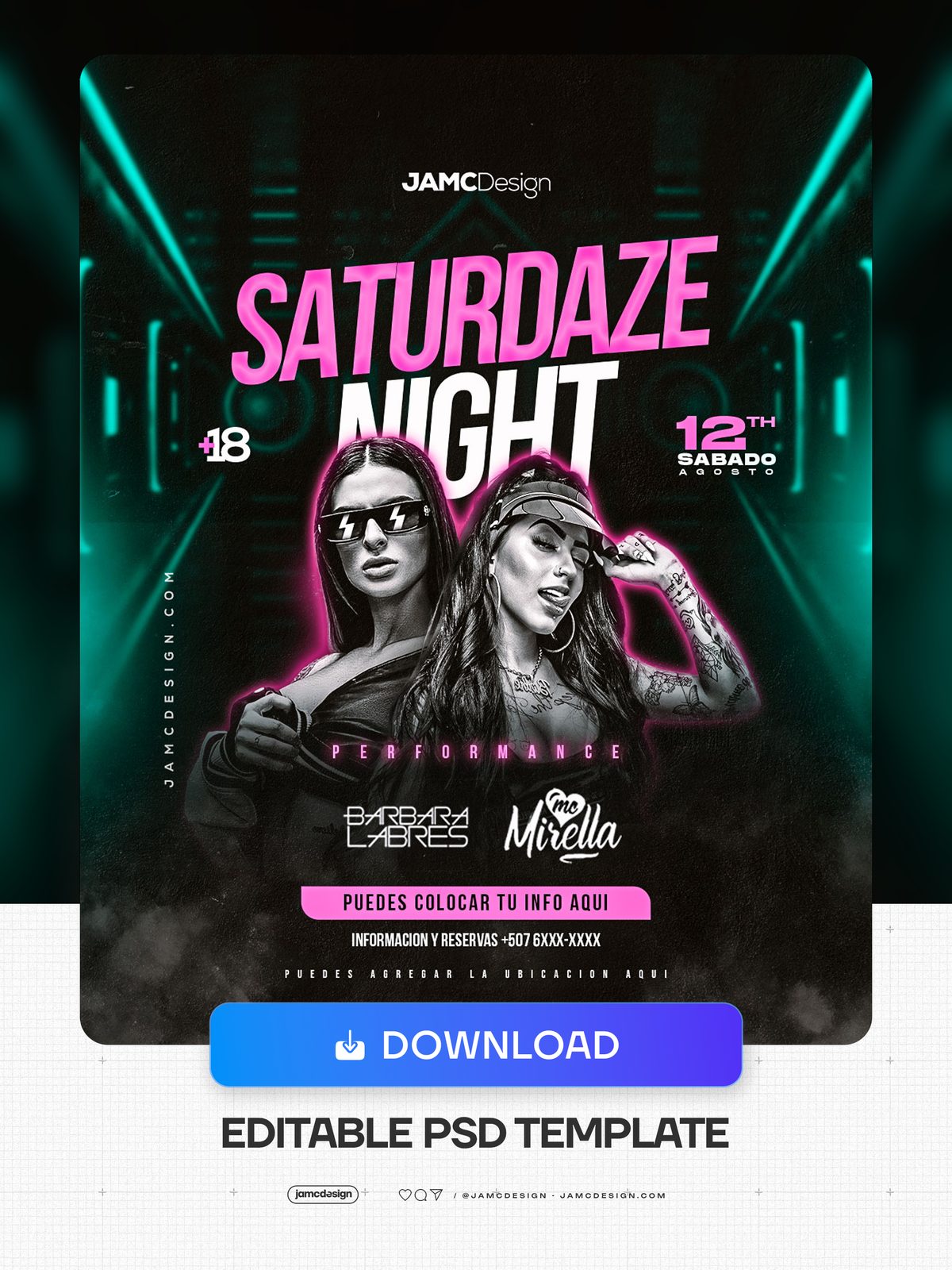 Saturdaze Night Flyer Template PSD. Editable PSD template for a Saturday nightclub event flyer with a dark composition, magenta and white condensed headline — Additional preview