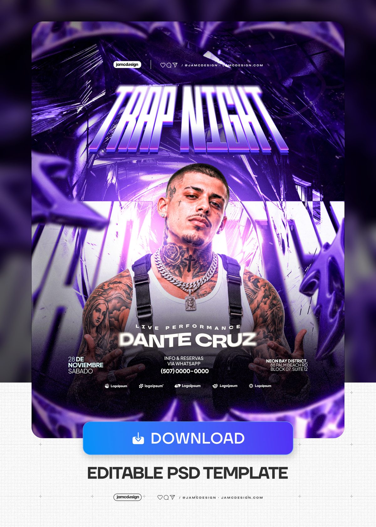 Trap Night Purple Light Flyer Template PSD. Editable PSD event flyer for a trap night, featuring a tattooed man beneath bold condensed lettering amid dramatic — Additional preview