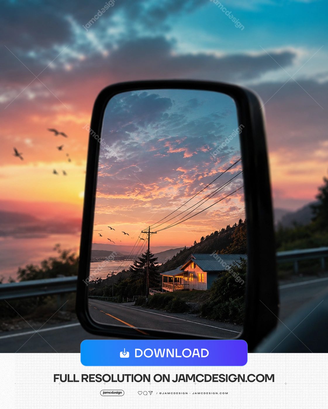 Sunset Road Trip Mirror View Background. PNG background showing a car side mirror against a sunset sky, with the reflection capturing a warmly lit house — Additional preview