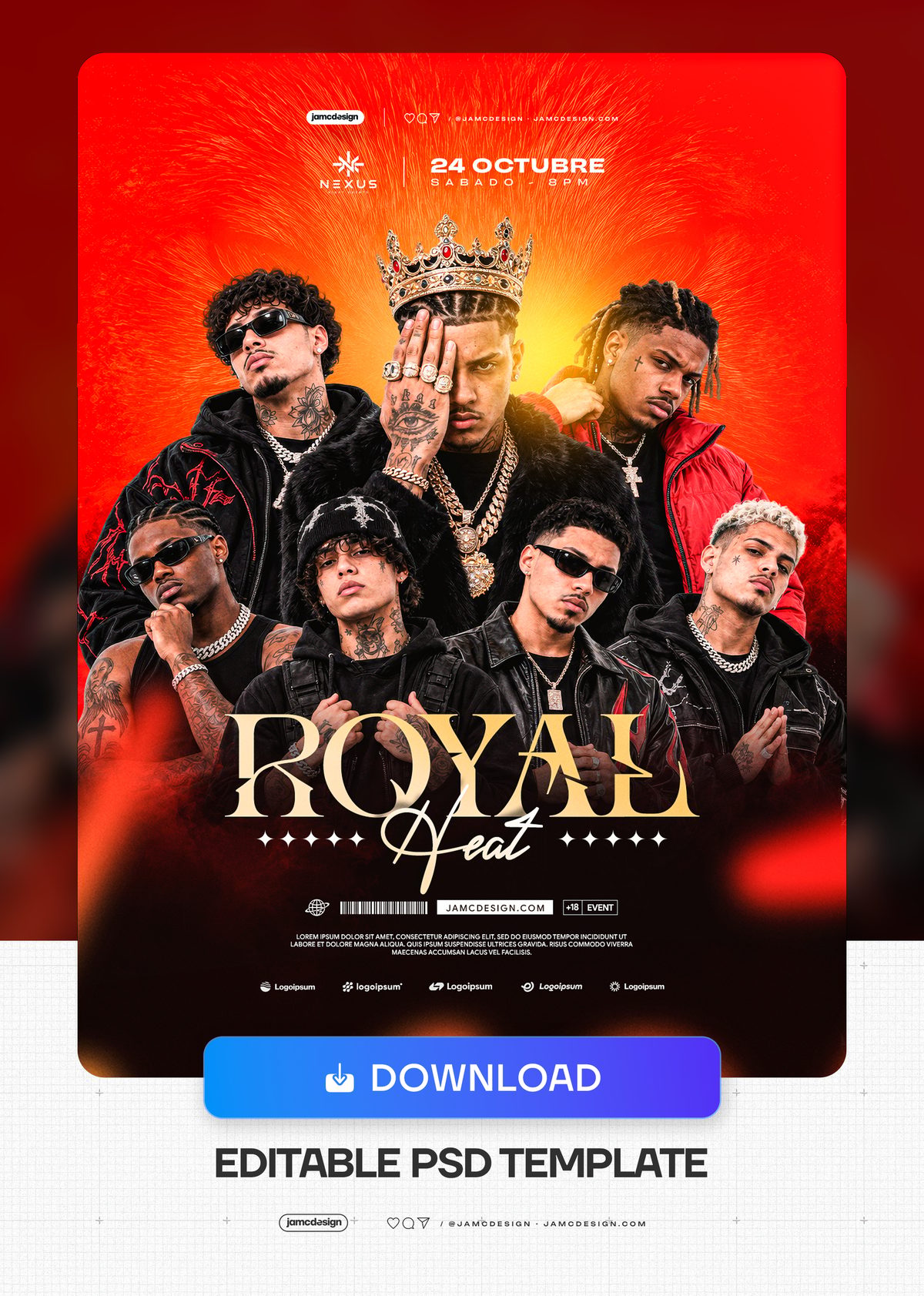 Royal Heat Nightlife Event Flyer Template PSD. Download this editable PSD event flyer featuring male models around a crowned central figure — Additional preview