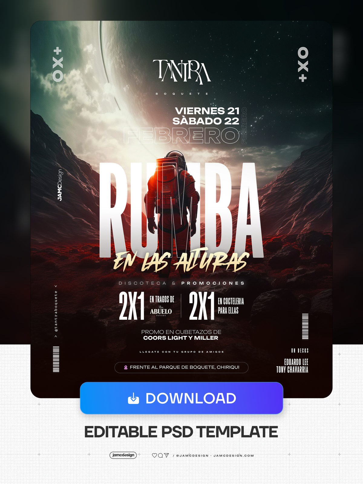 Rumba En Las Alturas Flyer Template PSD. Editable PSD template for a nightlife event flyer with a sci-fi atmosphere — Additional preview