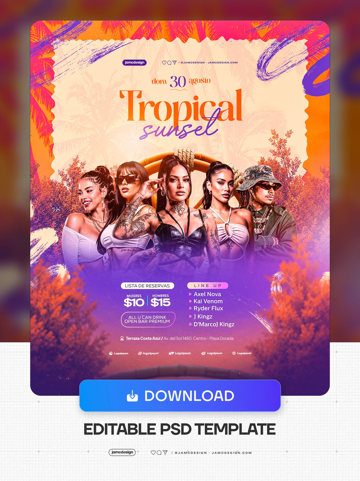 Modèle De Flyer Événement Coucher De Soleil Tropical PSD Modifiable. Modèle PSD modifiable pour un flyer d'événement au coucher du soleil tropical — Aperçu supplémentaire