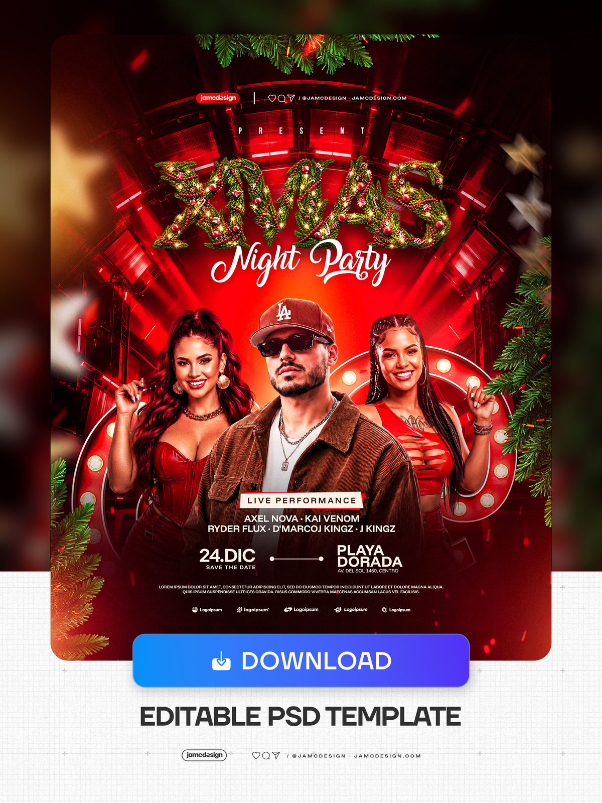 Plantilla De Flyer De Fiesta Navideña Con Luces De Escenario PSD. Descarga esta plantilla editable de flyer en PSD para una fiesta nocturna de Navidad — Vista previa adicional