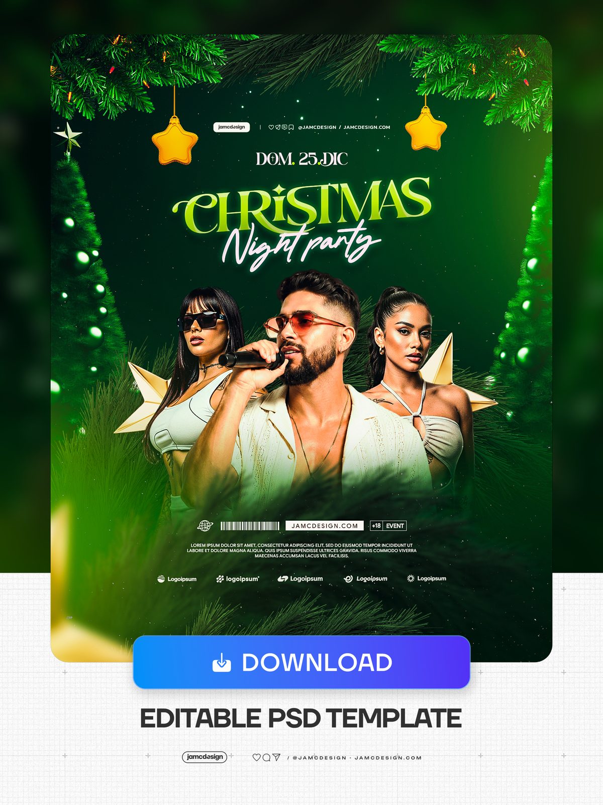 Evergreen Christmas Party Flyer Template PSD. Download this editable PSD event flyer featuring a male singer with a microphone and two fashion models beneath — Additional preview