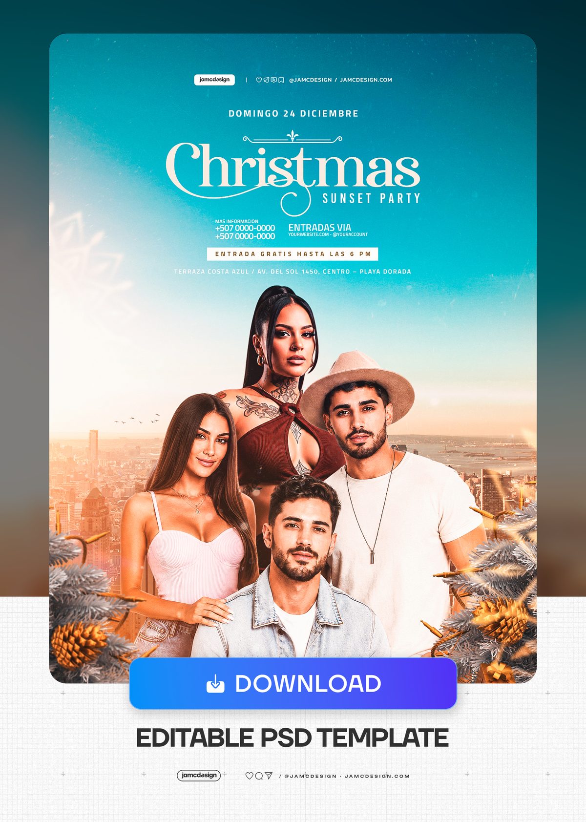 Christmas Sunset Party Turquoise People Flyer PSD. Editable PSD event flyer template for a Christmas sunset party — Additional preview