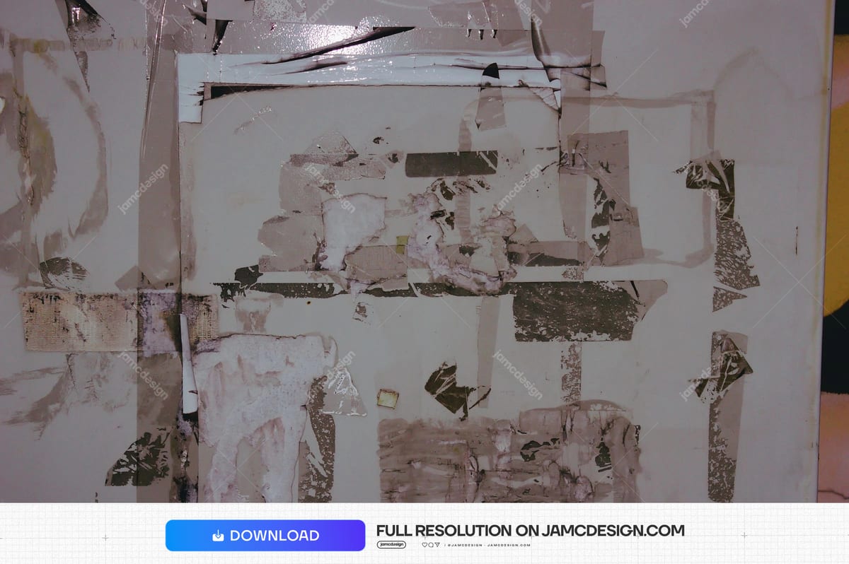 Gray Wall Texture With Torn Poster Layers. This JPG texture shows a gray wall covered in torn, overlapping poster remnants, with a distressed — Additional preview