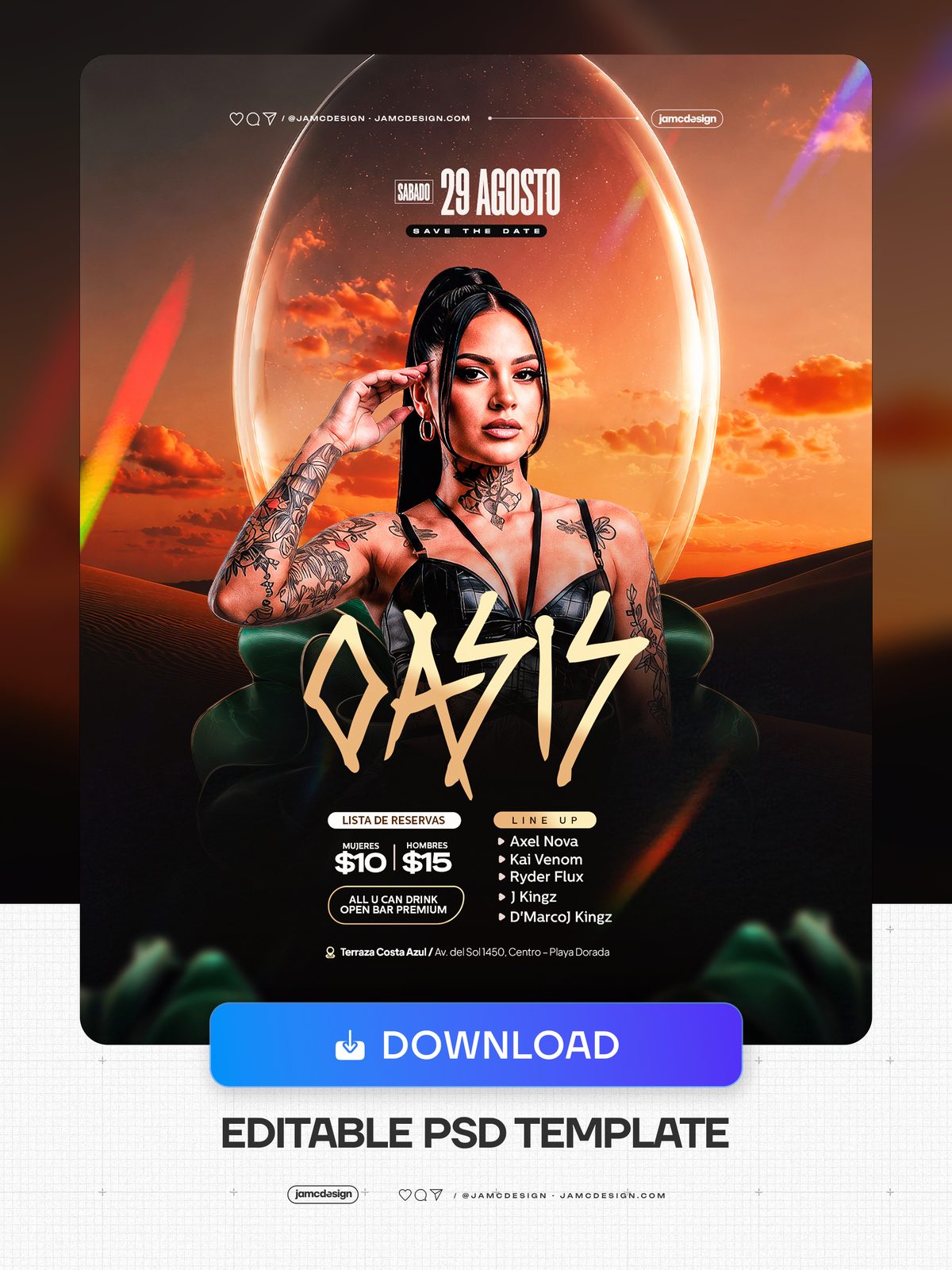 Plantilla De Flyer Diseño Oasis PSD Editable. Plantilla PSD editable para un flyer de evento con una mujer tatuada en negro — Vista previa adicional
