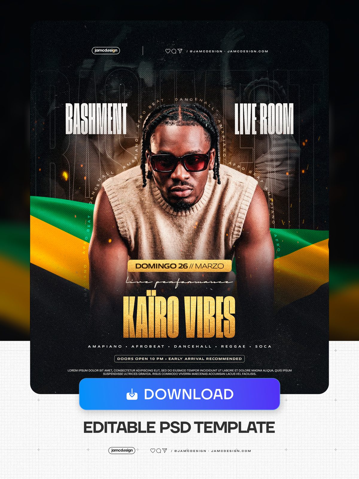 Bashment Live Room Flyer Template PSD Editable. Editable PSD template for a music event flyer, featuring a man with braided hair and red-tinted sunglasses — Additional preview