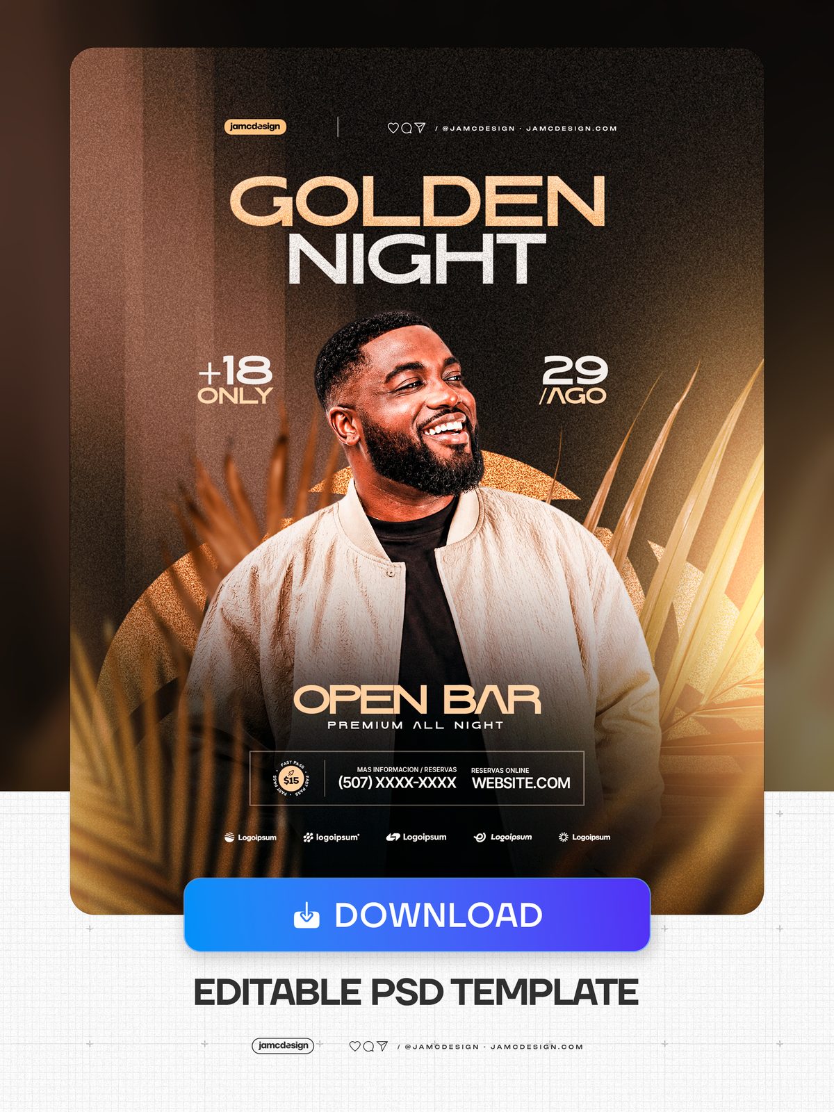 Golden Night Social Media Flyer Design Template PSD Editable. Editable PSD template for a nightlife social media flyer with a dark composition — Additional preview