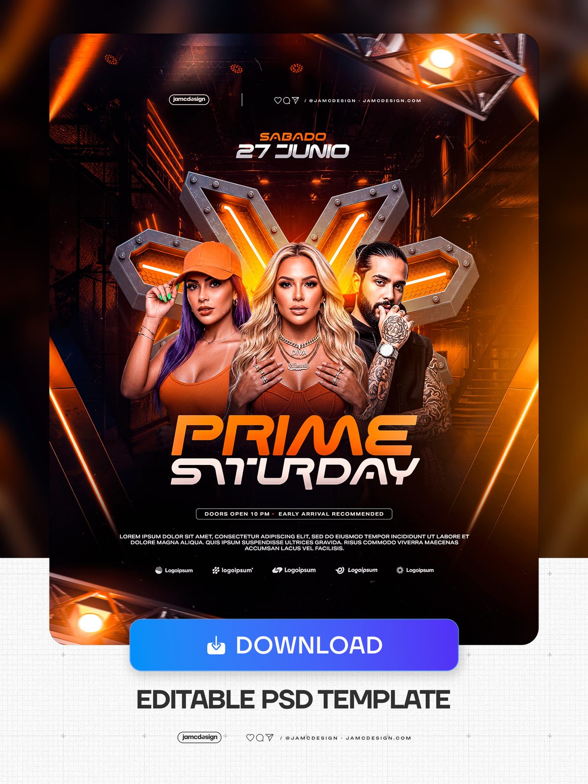 Saturday Event Flyer PSD Template. Editable PSD template for a Saturday night event flyer with a dark industrial interior, amber stage lighting — Additional preview