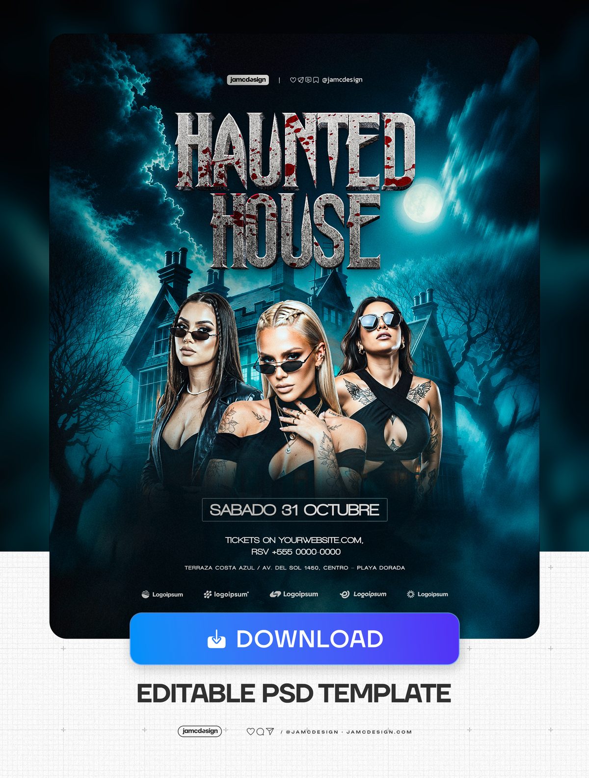 Modèle De Flyer Halloween House Hantée Avec Femmes Et Lune Bleue PSD. Modèle PSD modifiable pour un flyer d’événement Halloween mettant en scène trois femmes — Aperçu supplémentaire