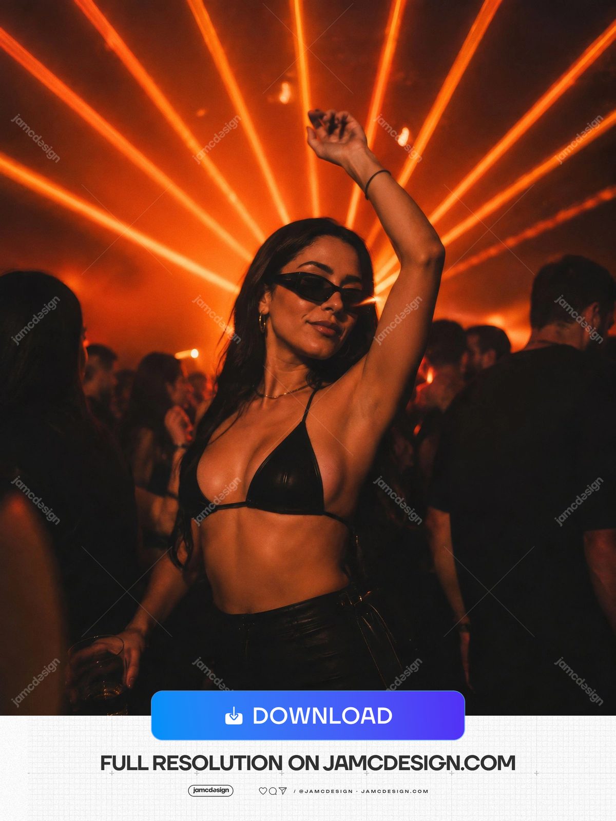 Young Woman Dancing Under Orange Club Laser Lights. JPG photo of a woman dancing in a crowded nightclub — Additional preview