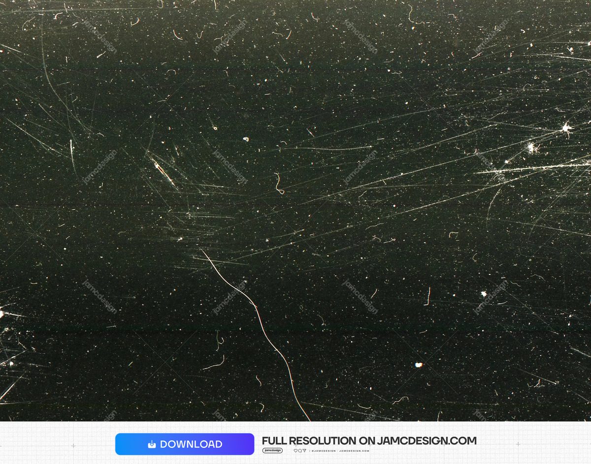 Dark Distressed Film Texture Background. This dark JPG texture shows fine dust specks, scattered pale marks and long hairline scratches across a nearly black — Additional preview