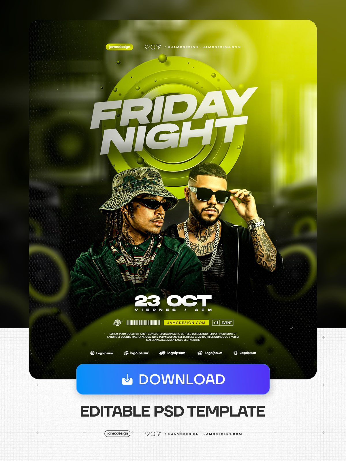 Friday Night Flyer Template With Lime Green Circle PSD. This editable PSD event flyer pairs two men in sunglasses with a bold circular lime green graphic — Additional preview