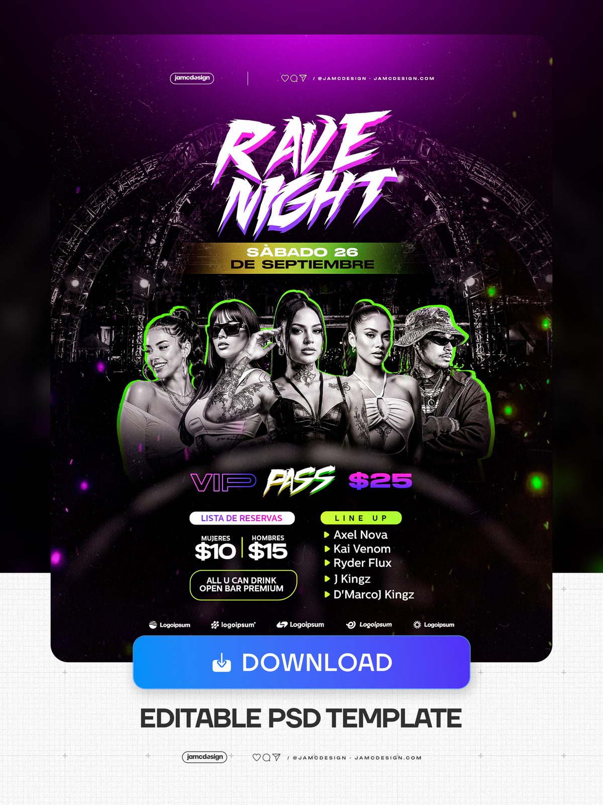 Plantilla PSD De Flyer Para Noche Rave Con Truss De Escenario. Plantilla PSD editable para un flyer de evento de noche de rave — Vista previa adicional
