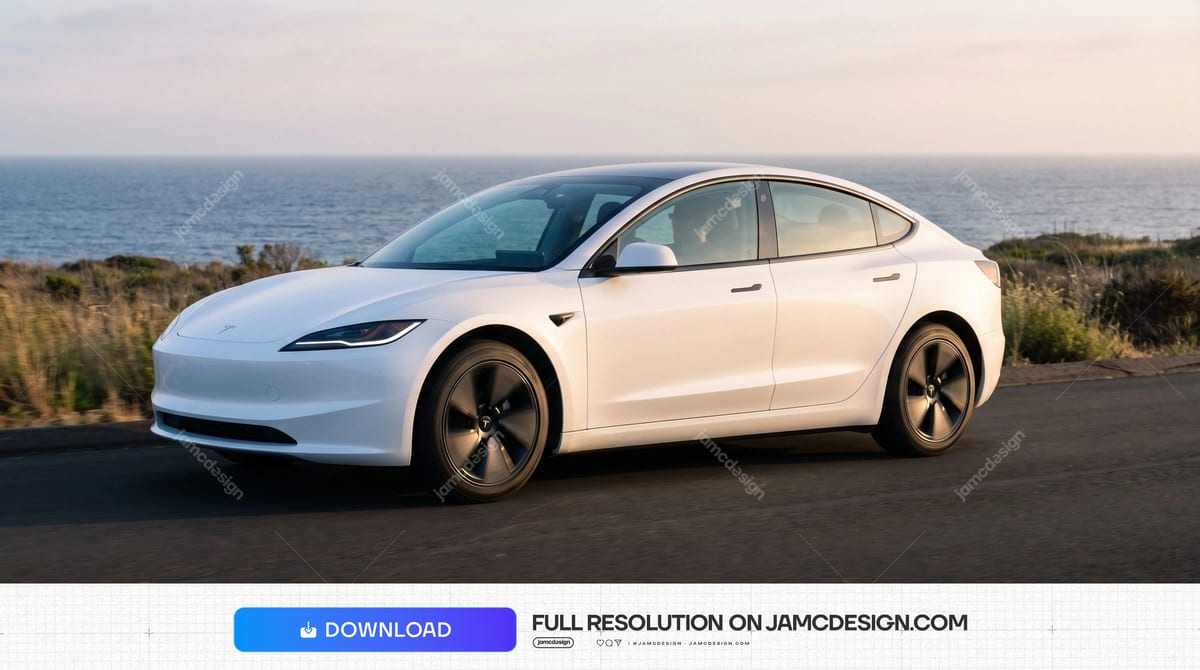 White Tesla Model 3 On A Coastal Road. This JPG photo captures a white car on a coastal road, with the sea and shoreline vegetation in soft evening light — Additional preview