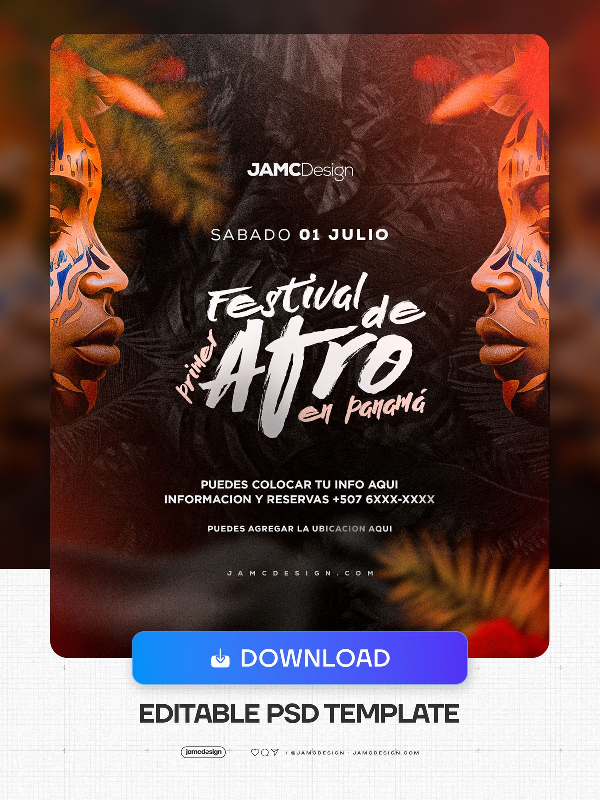 Festival De Afro Flyer Template PSD. Editable PSD template for a music festival flyer, featuring a dark composition in brown and orange — Additional preview