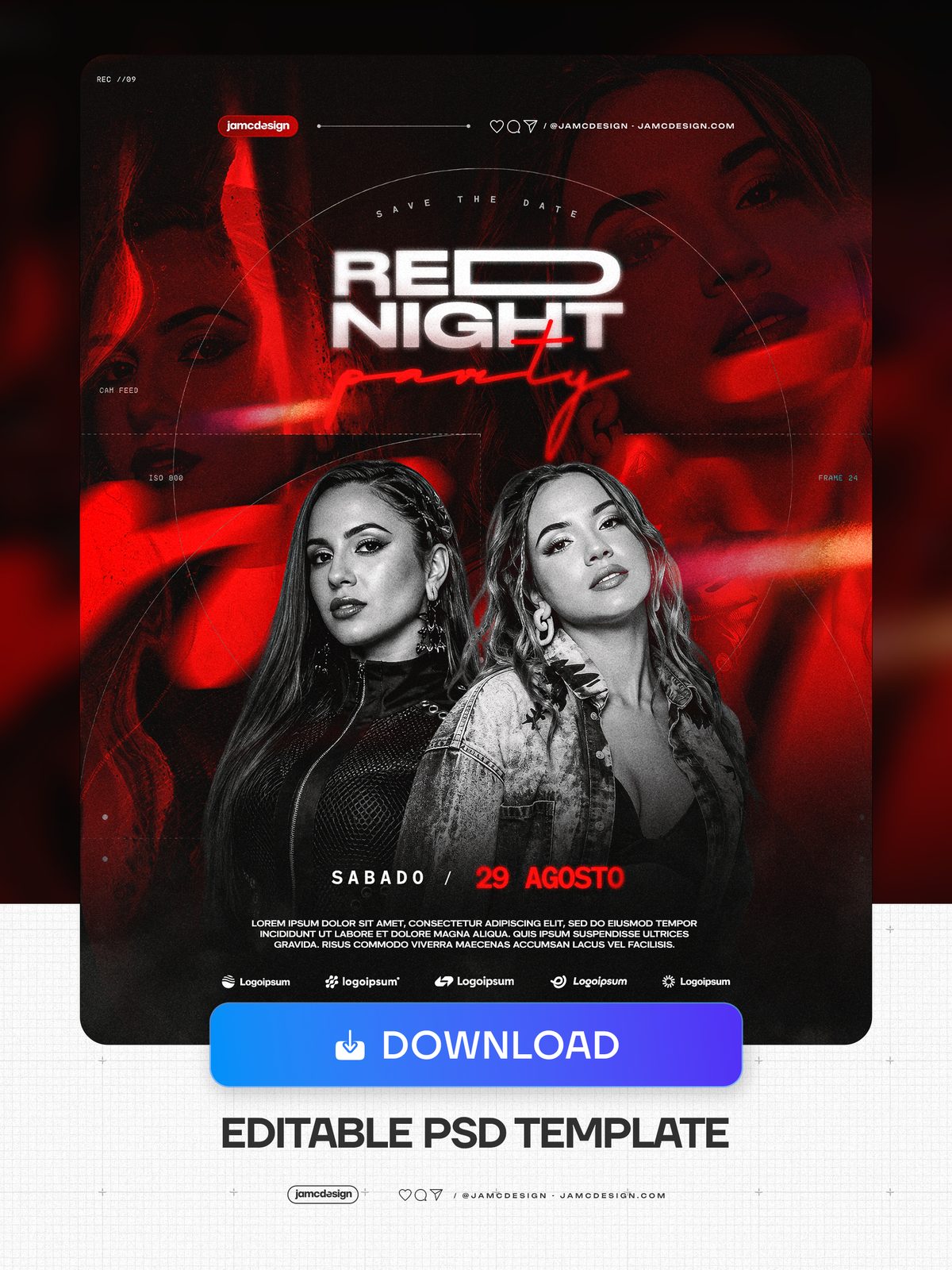 Red Night Party Social Media Flyer Template PSD Editable. Editable PSD template for a nightlife social media flyer with a dark red and black composition — Additional preview