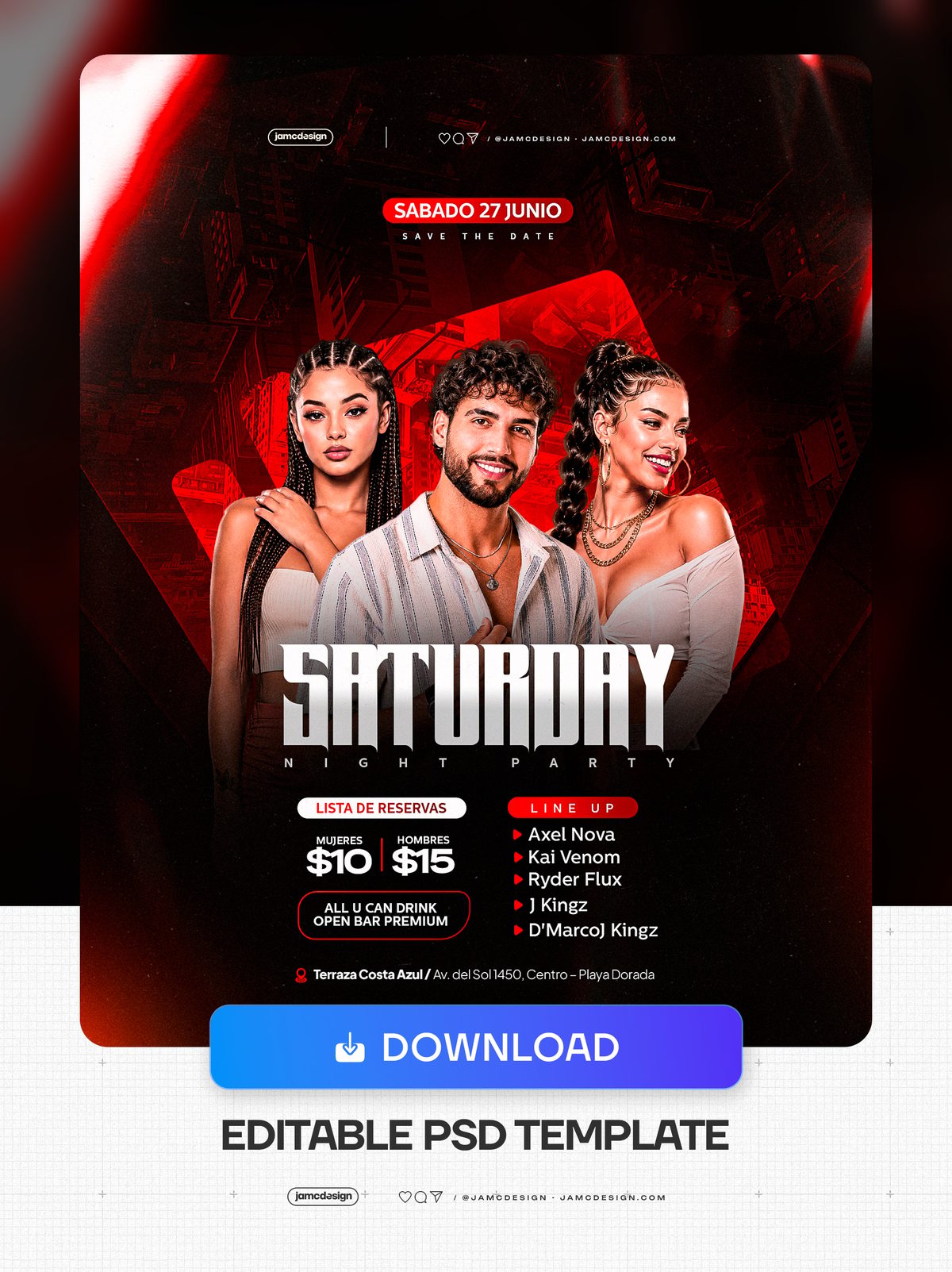 Saturday Night Party Flyer PSD With Open Bar. Editable PSD template for a Saturday night party flyer with a dark red composition, three portrait figures — Additional preview