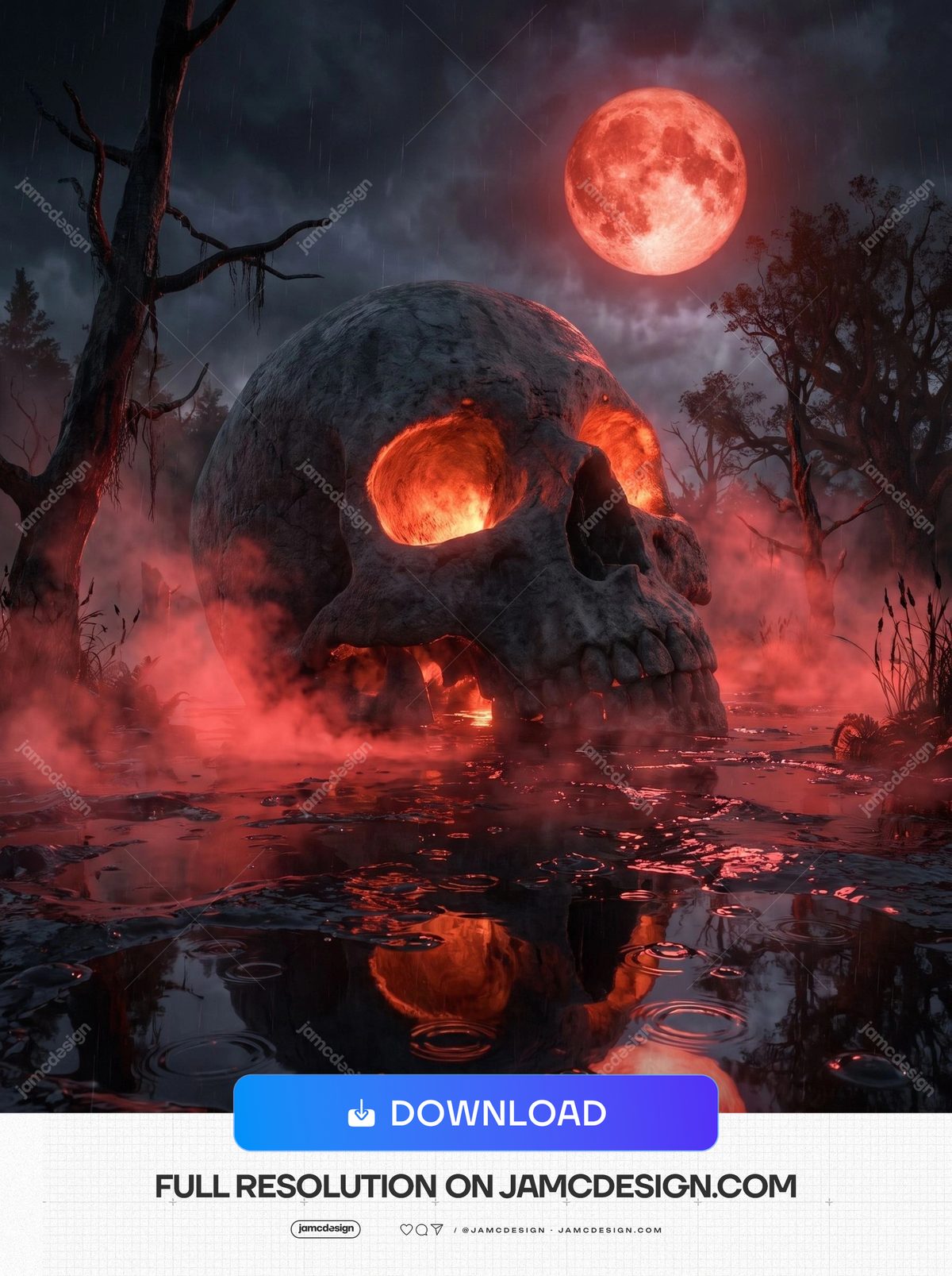 Giant Skull Swamp Halloween Red Moon Background. A JPG background showing a giant skull emerging from a flooded marsh, with glowing eye sockets — Additional preview