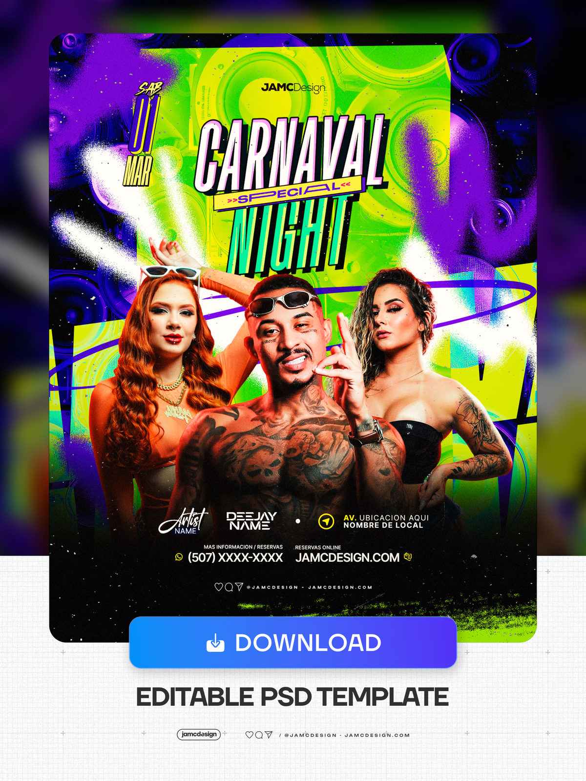 Carnaval Night Party Flyer Template PSD. Editable PSD template for a Carnaval night event flyer with a bright neon composition in green, yellow and purple — Additional preview