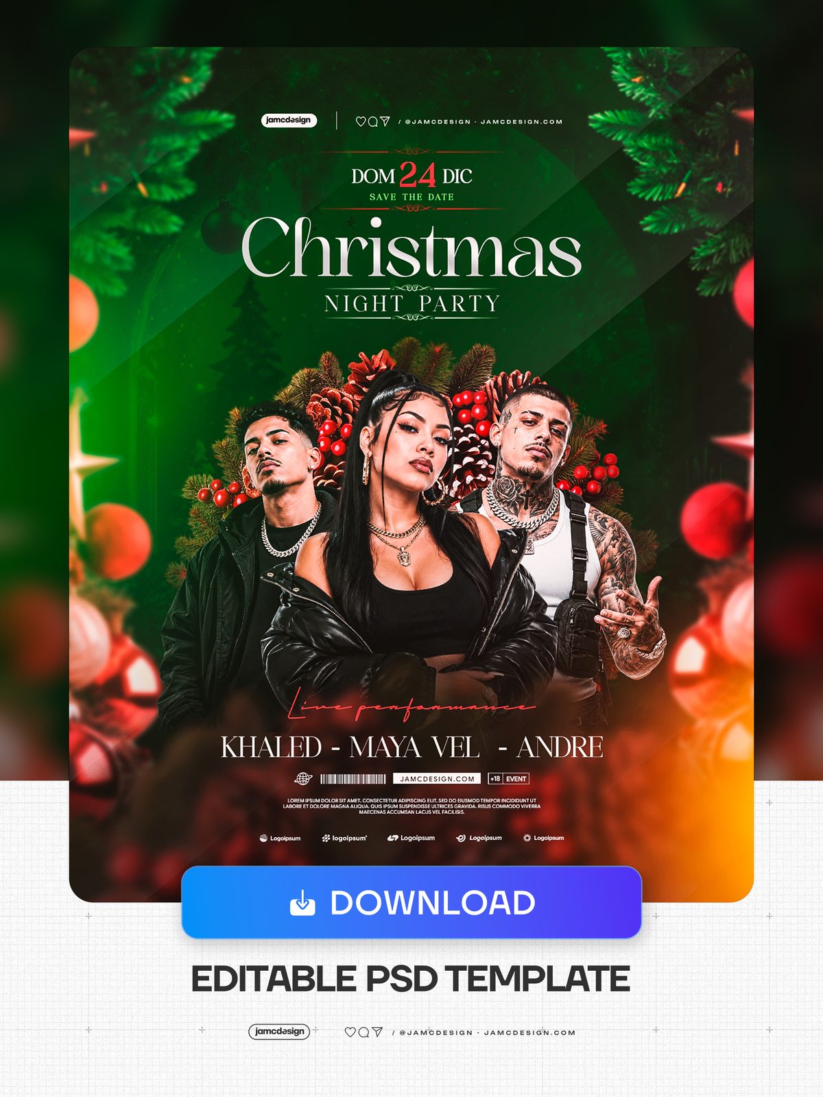 Christmas Night Party Flyer Template PSD. This PSD event flyer features three fashion styled performers framed by evergreen branches — Additional preview