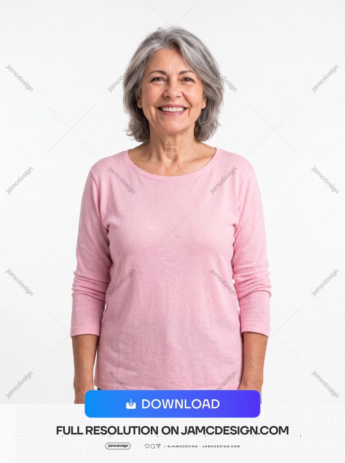 Smiling Mature Woman Studio Portrait. This JPG studio image shows a smiling mature woman in a pink shirt against a clean white background — Additional preview